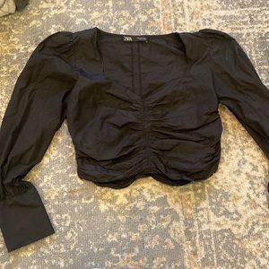 Black Zara Long Sleeve Ruched Crop Top